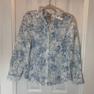 Chico’s Blue Floral Long Sleeve Semi Sheer Button Down Blouse Women’s Sz 0 (Sm)
